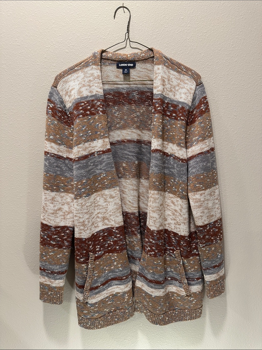 Lands' End Striped Open Cardigan - Rust, Tan, Gray & Cream